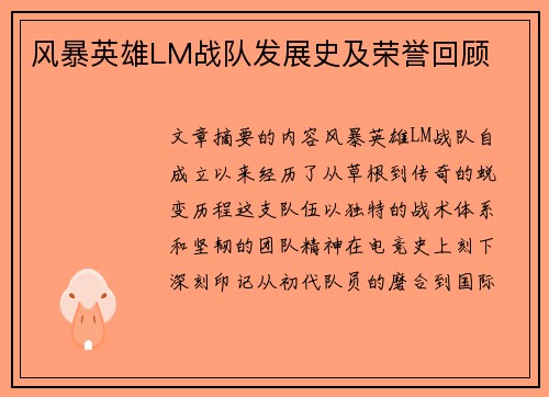 风暴英雄LM战队发展史及荣誉回顾