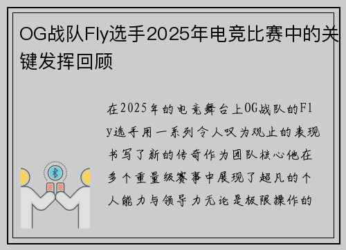 OG战队Fly选手2025年电竞比赛中的关键发挥回顾